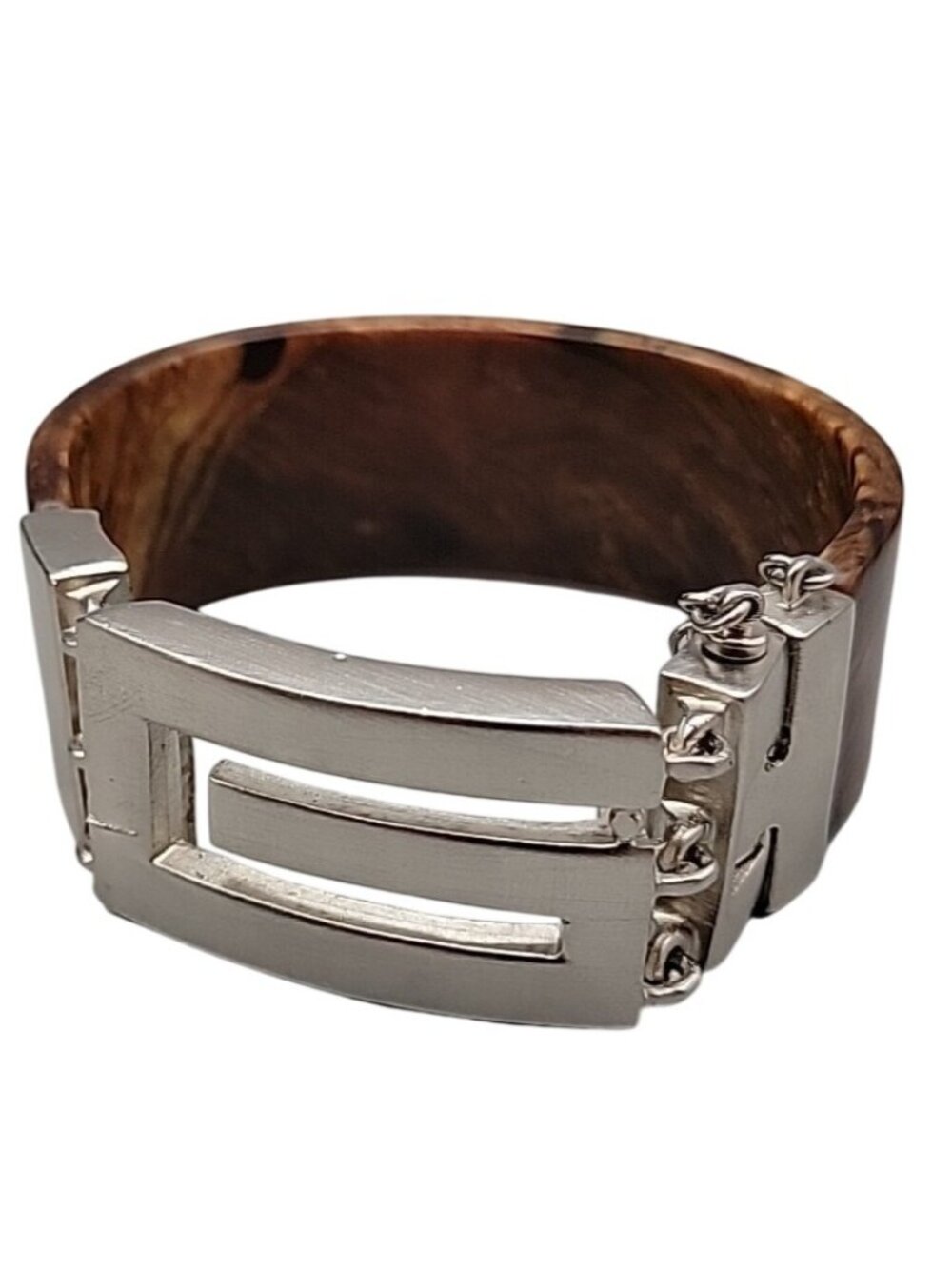 Givenchy Wood Grain Lucite Cuff Bracelet 1980s Silver Tone Pin Lock Rare 6.5"